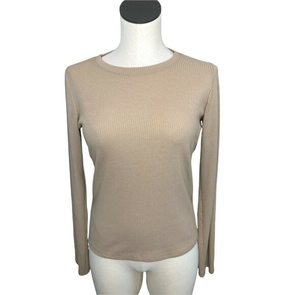T Shirt Womens Large Ribbed Long Sleeves Cut Out Forever 21 Beige Tan - Picture 2 of 6